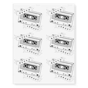 'Never Forget' Cassette, Retro Music Vintage Temporary Tattoos