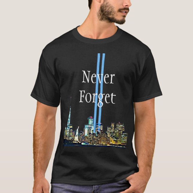 Never Forget Trade Center Towers 911 Memorial T-Shirt (Front)