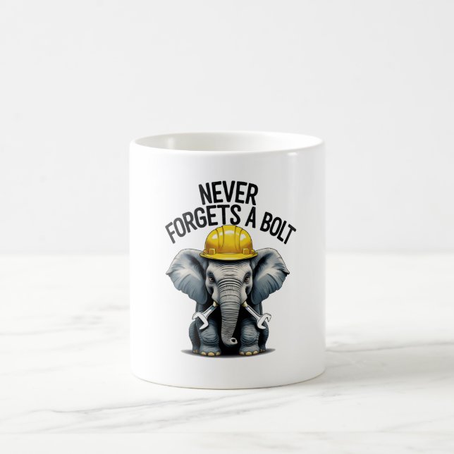 Never Forgets a Bolt Mug – Funny Elephant Engineer (Center)