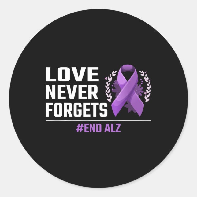 Never Forgets Alzheimer Purple Ribbon Heimer Aware Classic Round Sticker (Front)