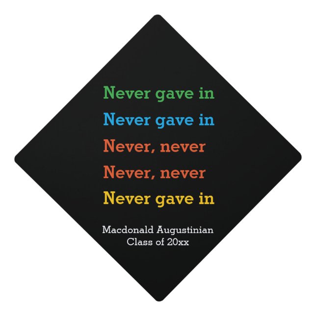 NEVER GAVE IN Motivational Perseverance Graduate Graduation Cap Topper (Front)
