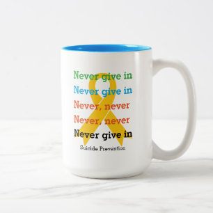 NEVER GIVE IN Inspirational Churchill Quote Two-Tone Coffee Mug