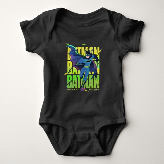 Never Give Up Batman Running Graphic Baby Bodysuit (Front)
