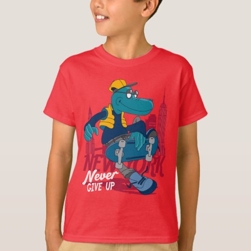 Never Give Up Dinosaur Skateboarding Graphic T_Shirt