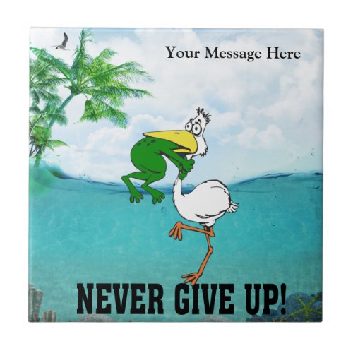 Never Give Up Frog Choking Bird Ceramic Tile