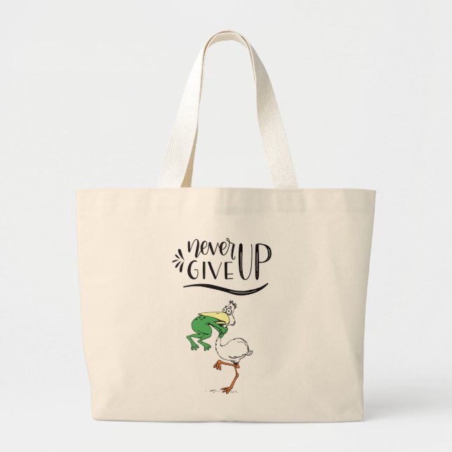 Never Give Up Frog Choking Bird Large Tote Bag (Front)