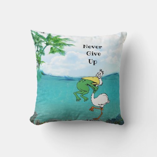 Never Give Up Frog Choking Bird Throw Pillow