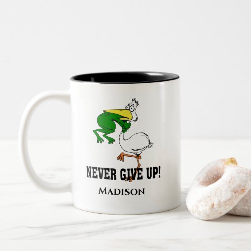 Never Give Up Frog Choking Bird Two_Tone Coffee Mug