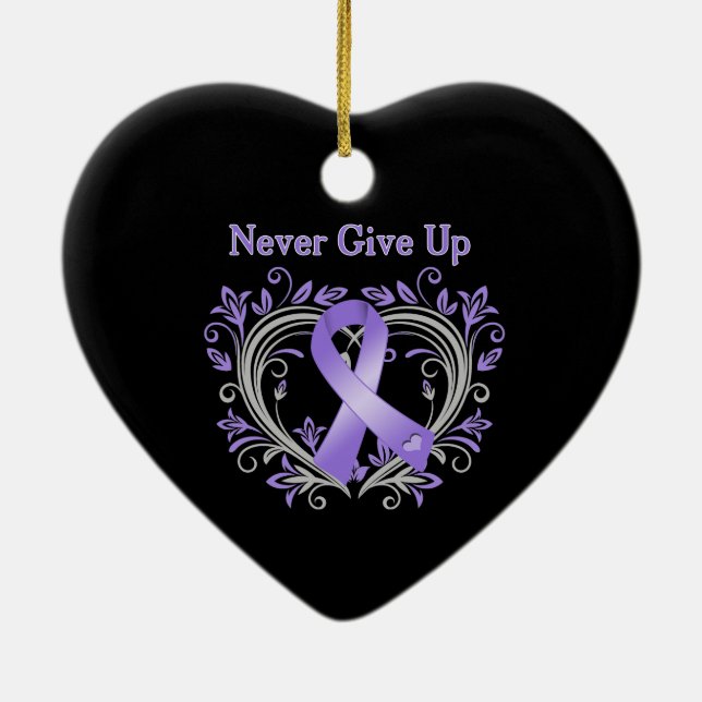 Never Give Up Heart Hodgkin's Lymphoma Ceramic Ornament (Back)