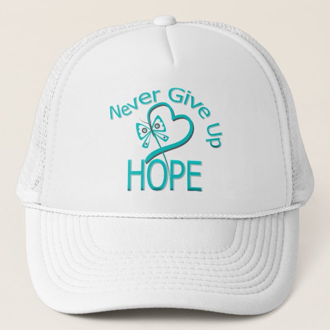 Never Give Up Hope Ovarian Cancer Trucker Hat (Front)