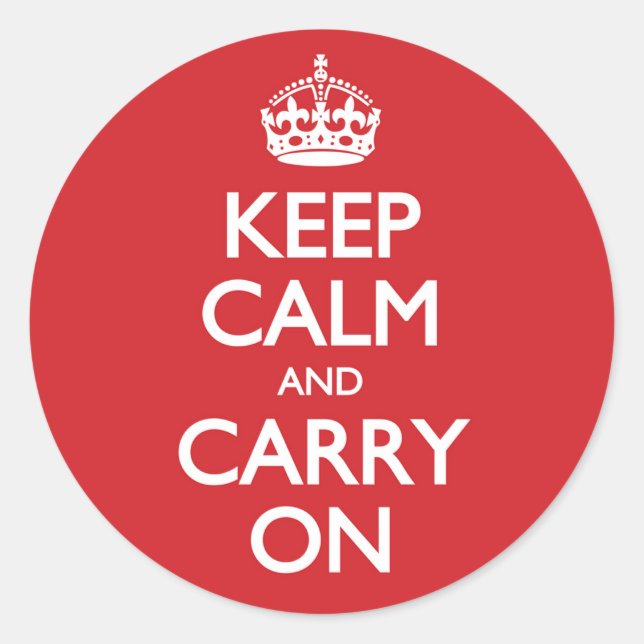 Never Give Up: Keep Calm and Carry On, Red & White Classic Round Sticker (Front)