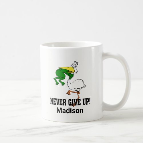  Never Give Up Motivational Pelican and Frog   Coffee Mug