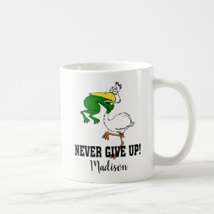 Never Give Up Motivational Pelican and Frog Coffee Mug