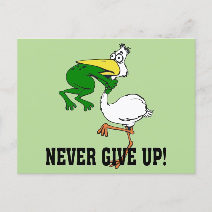 Never Give Up Motivational Pelican and Frog Postcard | Zazzle