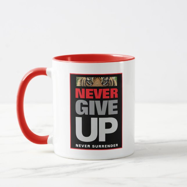 Never Give Up Never Surrender White and Red Combo Mug (Left)