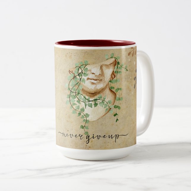 "Never give up" (Red) Two-Tone Coffee Mug (Front Right)