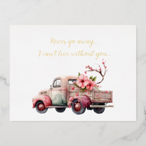 Never go away old vintage truck with flowers foil holiday postcard