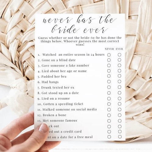 Never Has She Ever Bridal Shower Game Invitation