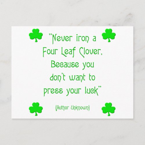 Never iron a four_leaf clover postcard