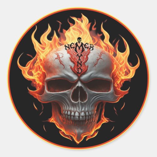 Never Mind Flaming Skull Metal Rocker Guitar Case  Classic Round Sticker