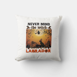Never Mind Witch Beware Labrador Halloween Dog Pum Throw Pillow
