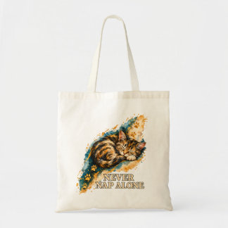 Never Nap Alone Sleeping Tabby Cat Golden Paw Prin Tote Bag