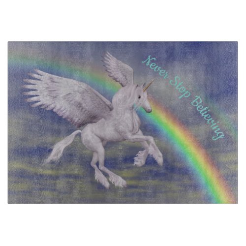 Never Stop Believing Flying Unicorn Inspirational  Cutting Board