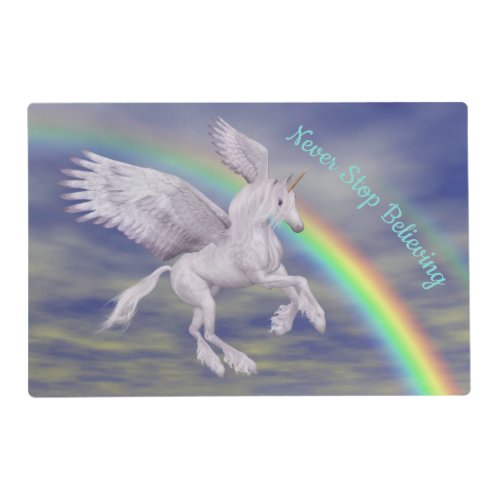Never Stop Believing Flying Unicorn Inspirational Placemat