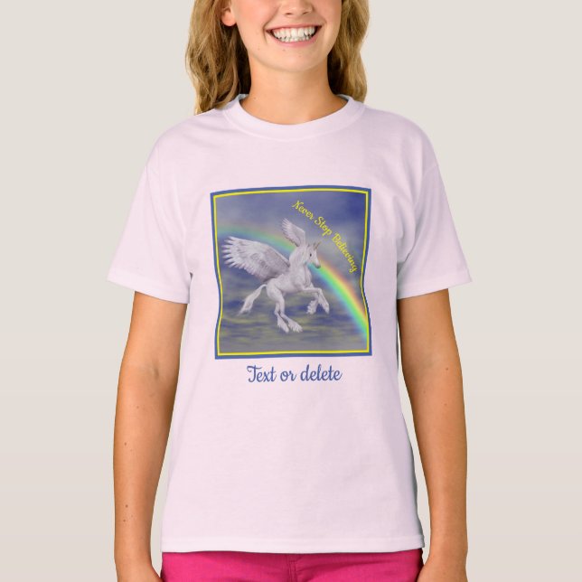 Never Stop Believing Flying Unicorn Inspirational  T-Shirt (Front)