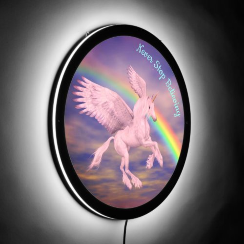 Never Stop Believing Flying Unicorn Over Rainbow  LED Sign
