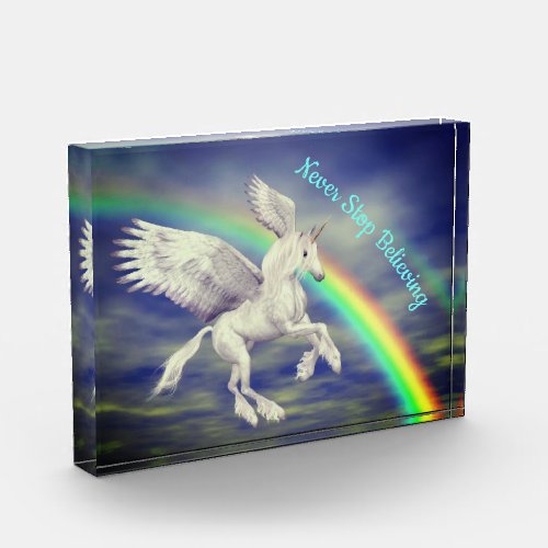 Never Stop Believing Flying Unicorn Over Rainbow  Photo Block