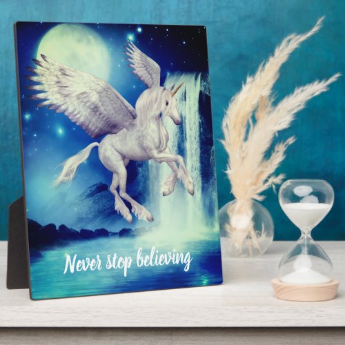 Never Stop Believing Flying Unicorn Waterfall Plaque