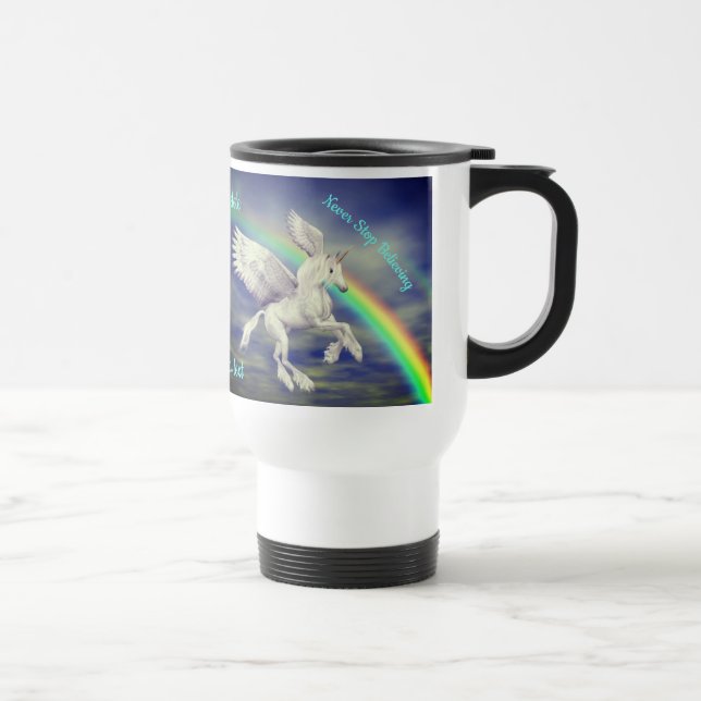 Never Stop Believing Quote Unicorn Personalized  Travel Mug (Right)