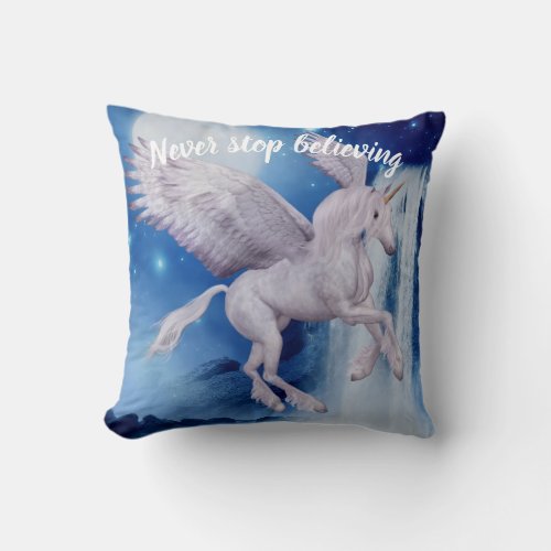 Never Stop Believing Unicorn Inspirational Throw Pillow