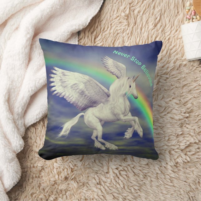 Never Stop Believing Unicorn Rainbow Inspirational Throw Pillow (Blanket)