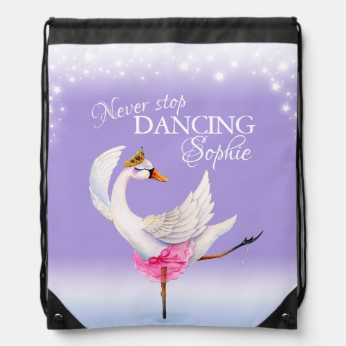 Never stop dancing whimsy ballerina white swan drawstring bag