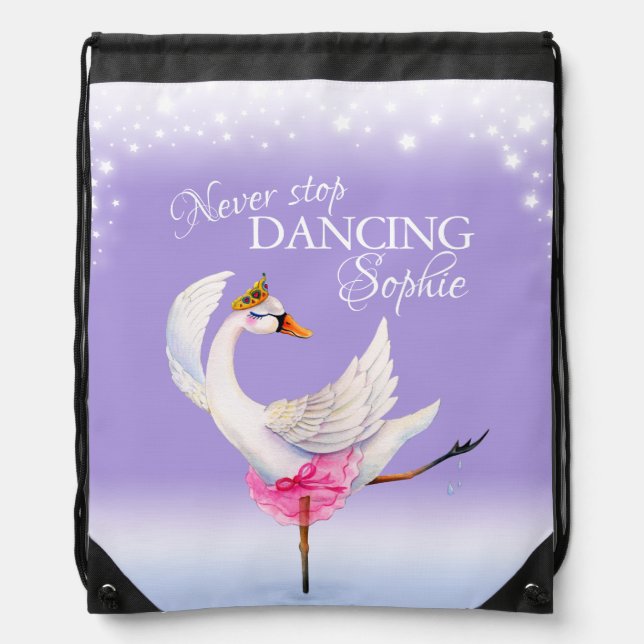 Never stop dancing whimsy ballerina white swan drawstring bag (Front)