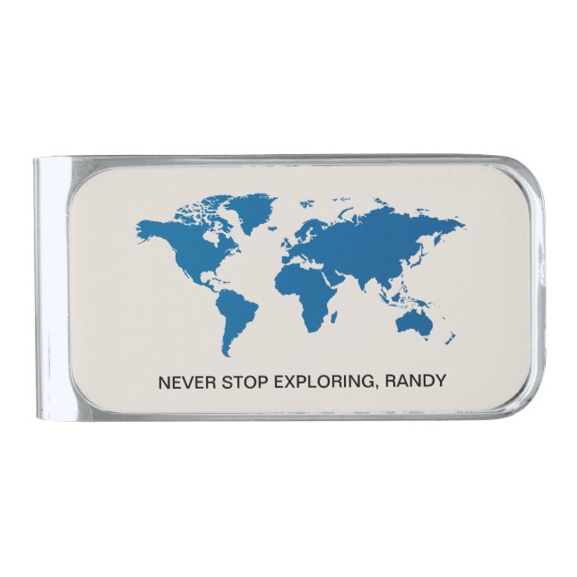 Never Stop Exploring Blue World Map Custom Silver Finish Money Clip (Front)