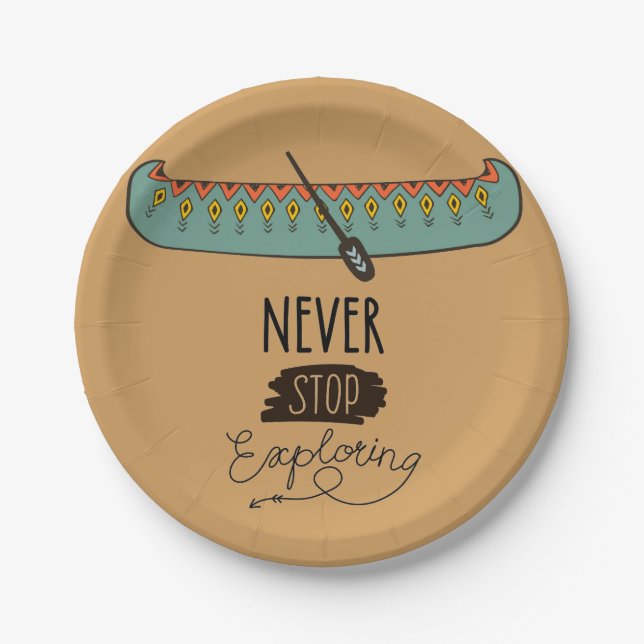 Never Stop Exploring Canoe Paper Plates (Front)
