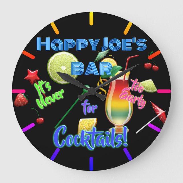Never Too Early for Cocktails Neon Personalized Large Clock (Front)