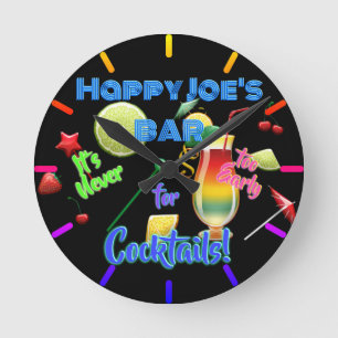 Never Too Early for Cocktails Neon Personalized Round Clock