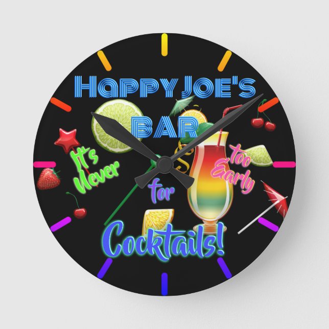 Never Too Early for Cocktails Neon Personalized Round Clock (Front)