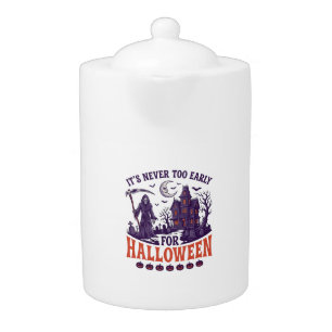 Never Too Early Halloween Grim Reaper Haunted Hous Teapot