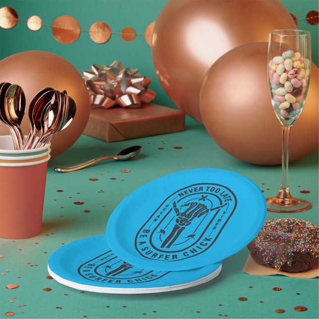 Never Too Late Skeleton Surfer Chick Ocean Vibes  Paper Plates (Creator Uploaded)