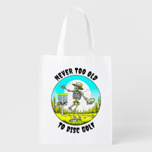 Never Too Old to Disc Golf   Skeleton Throwing Grocery Bag