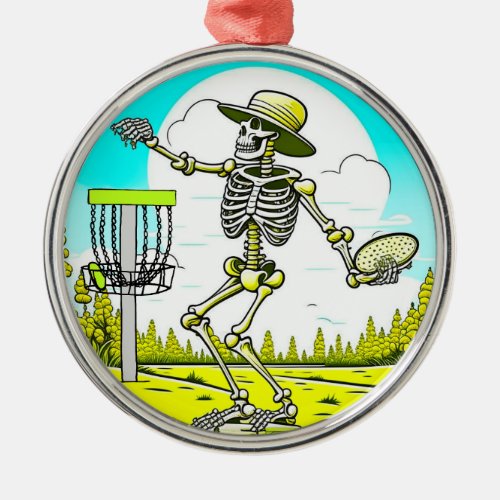 Never Too Old to Disc Golf  Skeleton Throwing Metal Ornament