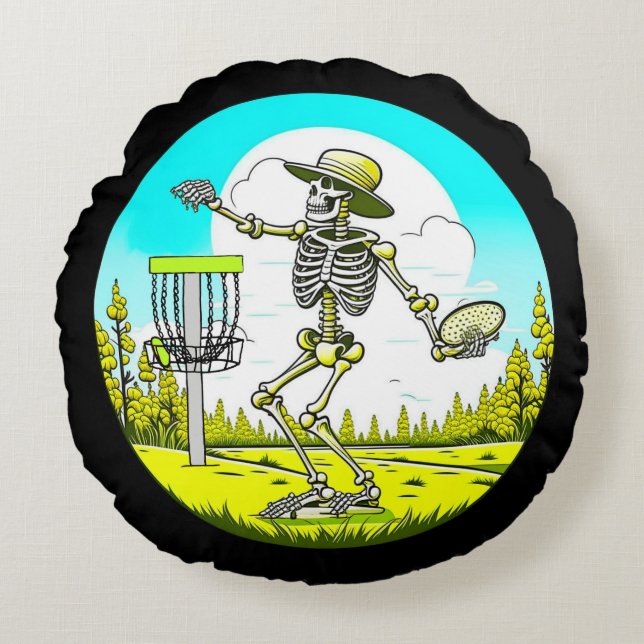 Never Too Old to Disc Golf | Skeleton Throwing Round Pillow (Front)