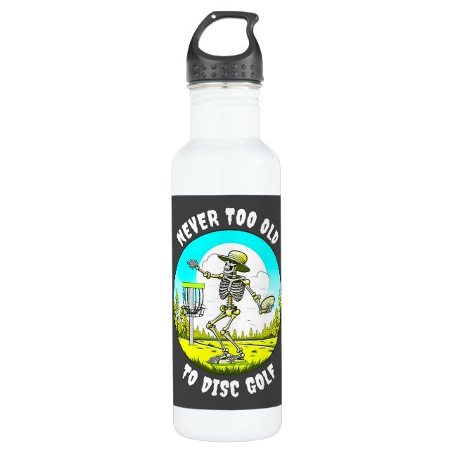 Never Too Old to Disc Golf | Skeleton Throwing Stainless Steel Water Bottle (Front)
