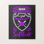Never Underestimate A Girl Who Plays Softball  Jigsaw Puzzle<br><div class="desc">Girls Softball design says: Never Underestimate A Girl Who Plays Softball in Purple</div>