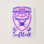 Never Underestimate A Girl Who Plays Softball   Jigsaw Puzzle<br><div class="desc">Girls Softball design in pink and purple which says: Never Underestimate A Girl Who Plays Softball</div>